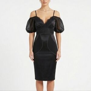 Marciano Black Satin Lace-Trim Midi Dress